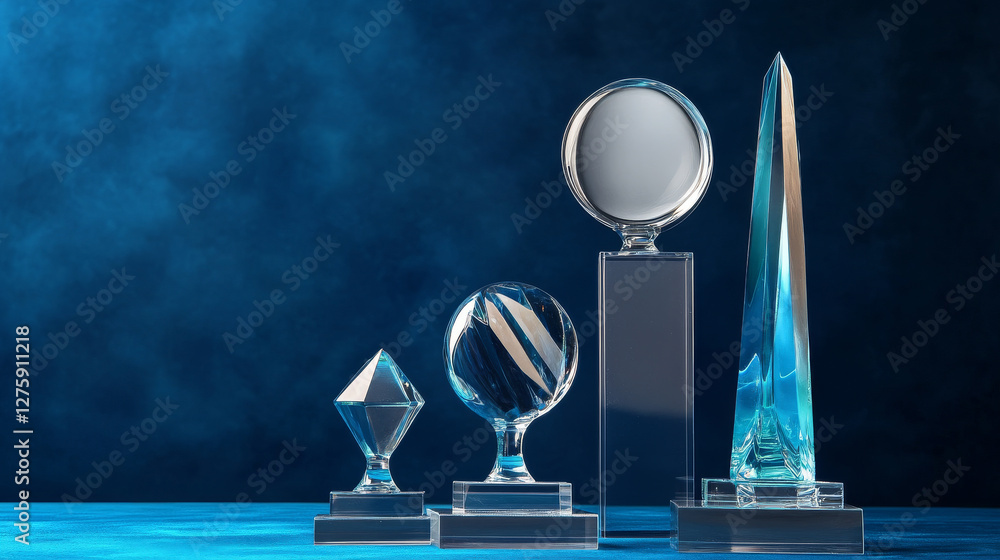 Poster glass transparent trophy mockup with empty acrylic shape on base. realistic vector set of round, rho