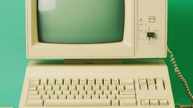 Vintage personal computer system on turquoise background