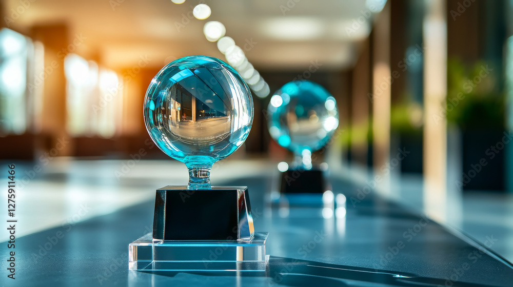 Poster glass transparent trophy mockup with empty acrylic shape on base. realistic vector set of round, rho
