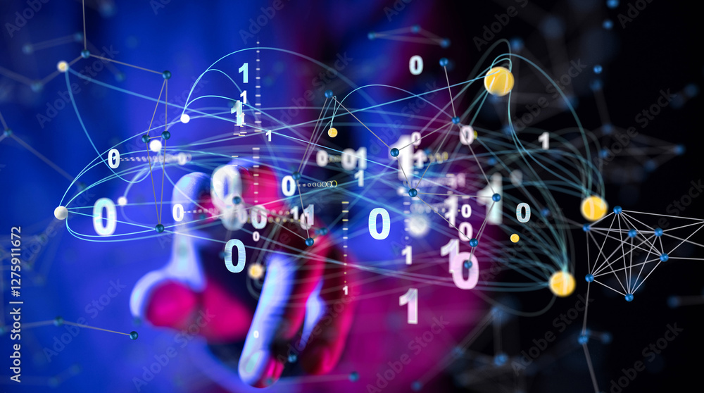 Poster Global network. Blockchain. 3D illustration. Neural networks and artificial intelligence. Abstract  3d