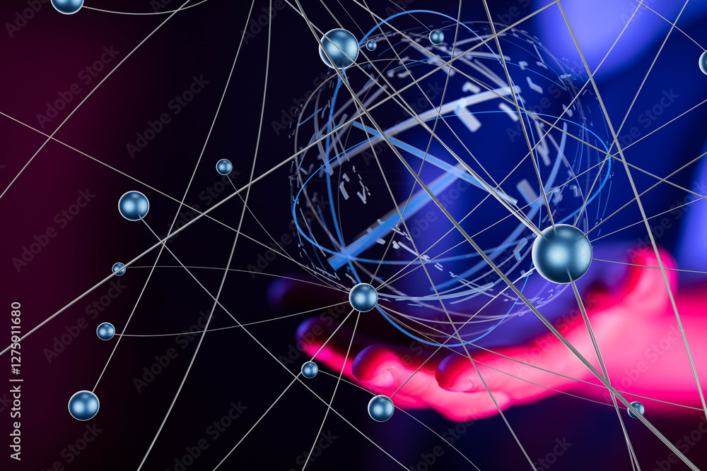 Aufkleber Global network. Blockchain. 3D illustration. Neural networks and artificial intelligence. Abstract