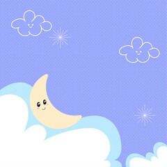 A cheerful illustration featuring a smiling moon and fluffy clouds, perfect for children's rooms or playful spaces.