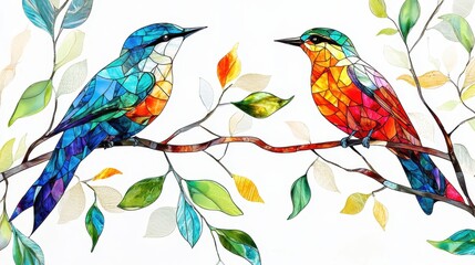 Obraz premium Elegant stained glass birds on tree branches, watercolor textures, luminous colors, intricate feather details, crisp white background, ultra-HD clarity 