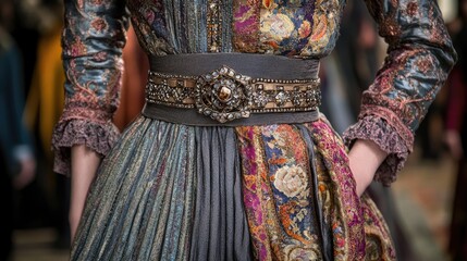 A soft-focus image of an embroidered dress cinched with a thin, jeweled belt