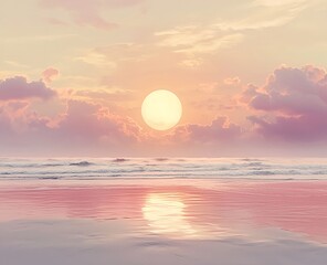Sunrise on the beach with gentle waves and golden skies in soft pinks and oranges