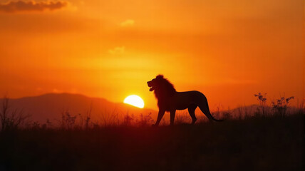 Majestic lion silhouette, standing in African savanna, golden sunset sky, orange hues, distant mountains, dramatic lighting, tall grass, wildlife scenery, serene landscape.
