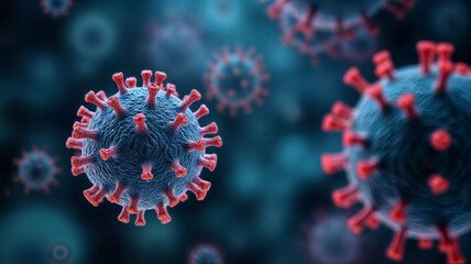 Microscopic view of coronavirus, dark blue spherical virus particles, red spike proteins, high detail, dramatic lighting, blurred background, medical illustration, virology.