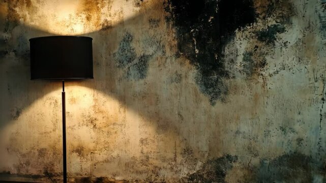 Interior wall with black mold and floor lamp highlighting potential health risks of allergy concept