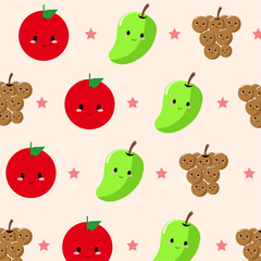 A playful pattern featuring smiling fruits and cookies, perfect for children's decor and apparel
