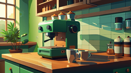 Modern coffee machine with cup on counter in kitchen.