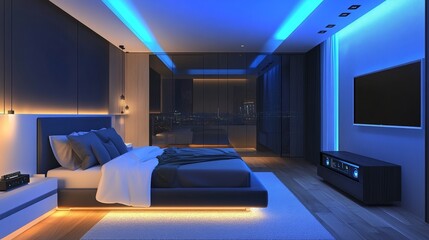 A modern high-tech bedroom with smart adjustable lighting, temperature controls, and an integrated sound system, offering convenience and luxury in a minimalist setting