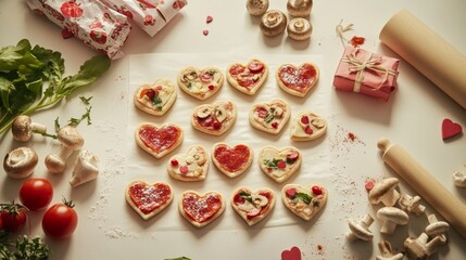 Heart-shaped pizza cookies with mushrooms and tomato ingredients for a festive celebration