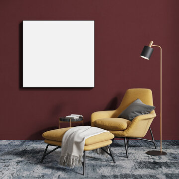 Empty picture or photo frame in the living room above the yellow armchair. 3D rendering