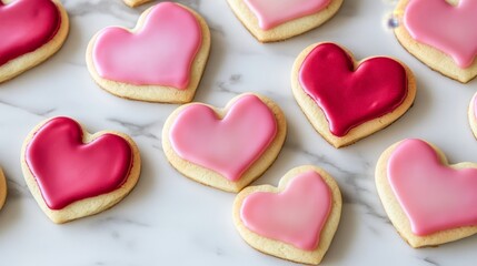 Fototapeta premium Heart-shaped pink and red iced cookies on marble surface