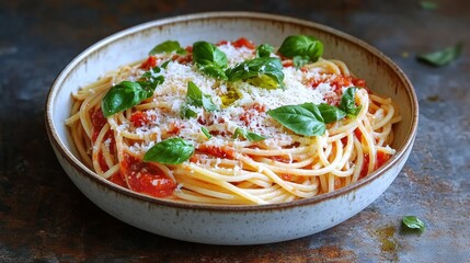 A perfectly plated bowl of spaghetti with rich marinara sauce, fresh basil, grated Parmesan, and a drizzle of olive oil on top, placed on a rustic table
