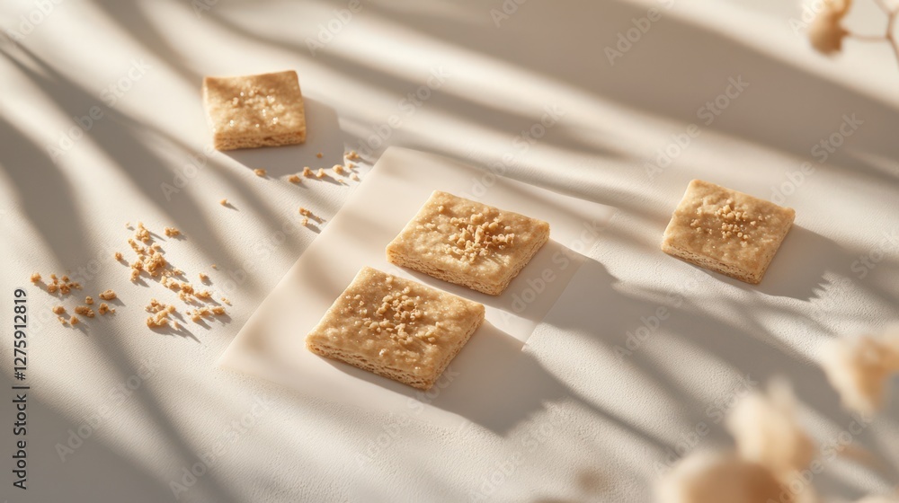 Poster four square pastries arranged on a soft surface with delicate shadows and light background