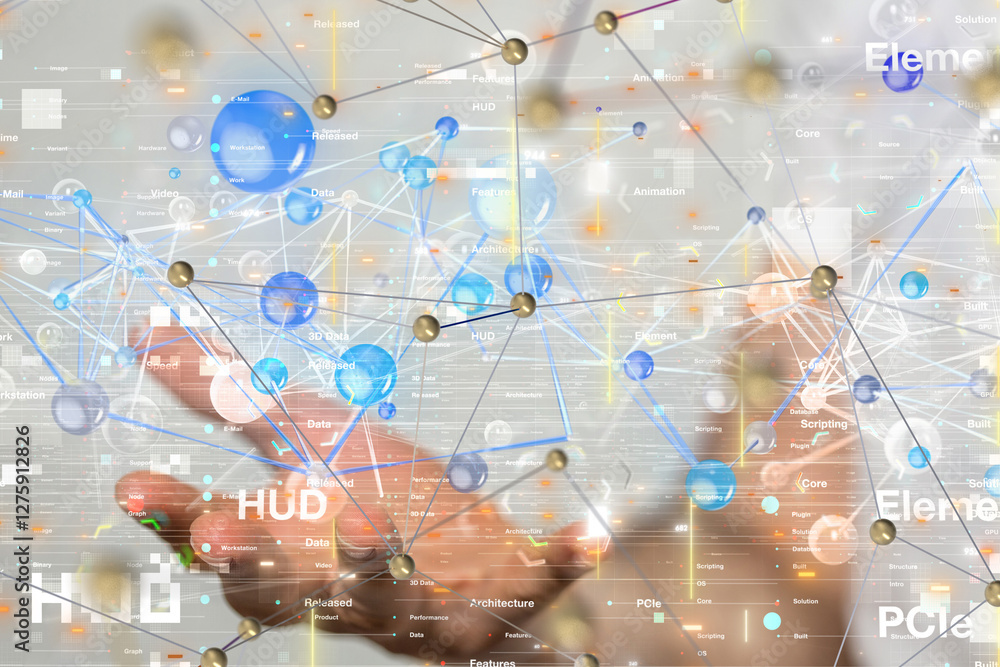 Aufkleber Global network. Blockchain. 3D illustration. Neural networks and artificial intelligence. Abstract
