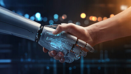 Handshake between Human and Digital AI Hand - Symbol of Collaboration and Technological Integration
