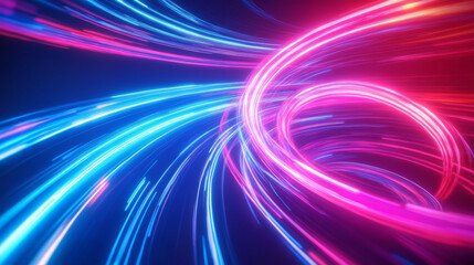 Neon light effect speed line glow swirl vector. Abstract energy wave or magic trail flare. Blue, red and pink shiny spiral ring flash trace fast flying element set. 3d transparent bright curve spark