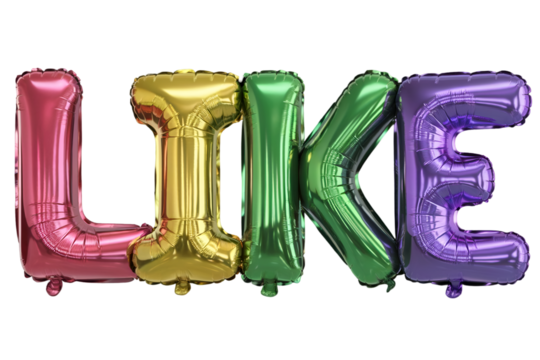 Rainbow balloon letters spelling LIKE isolated on transparent background