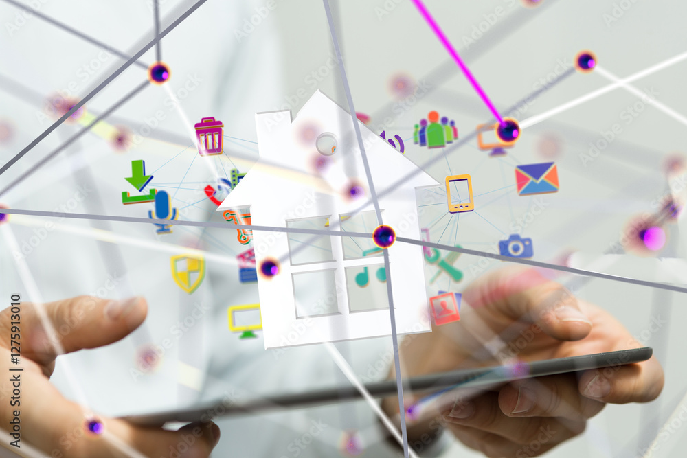Poster home iot - neural network 3d illustration. big data and cybersecurity - 3d