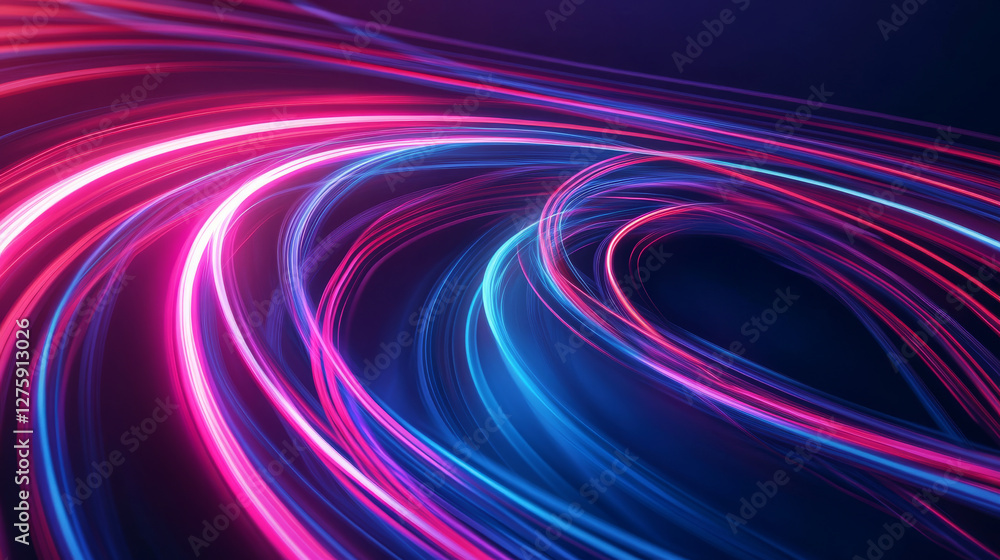 Poster neon light effect speed line glow swirl vector. abstract energy wave or magic trail flare. blue, red