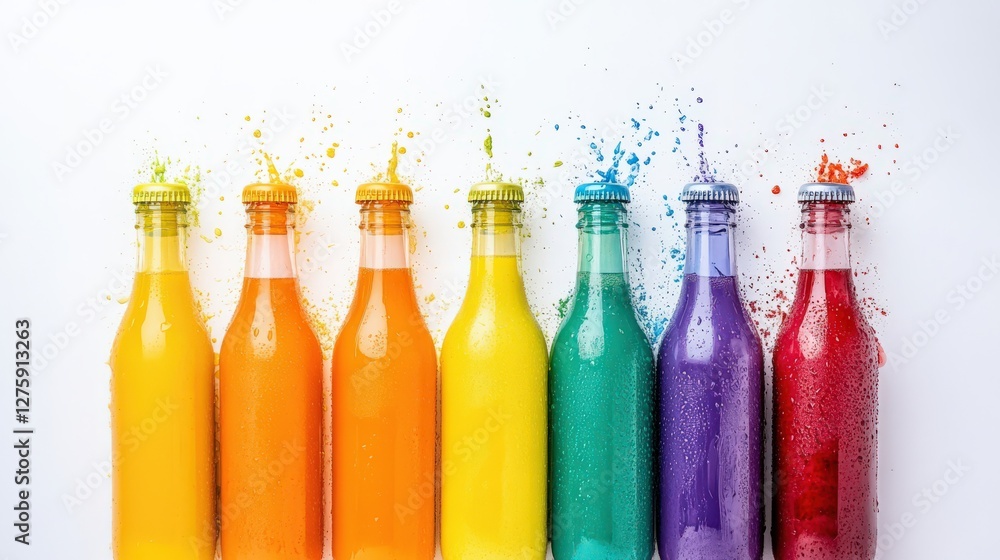 Poster colorful array of beverage bottles with splashes, showcasing vibrant hues and refreshing appeal