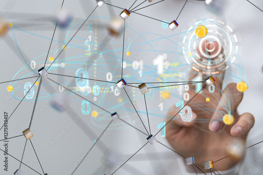 Aufkleber Global network. Blockchain. 3D illustration. Neural networks and artificial intelligence. Abstract  3d