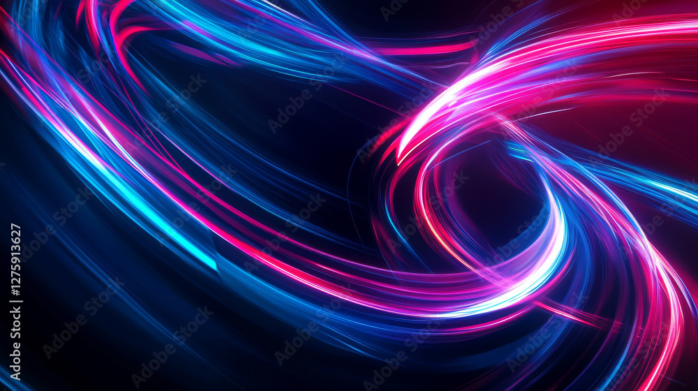 Poster neon light effect speed line glow swirl vector. abstract energy wave or magic trail flare. blue, red