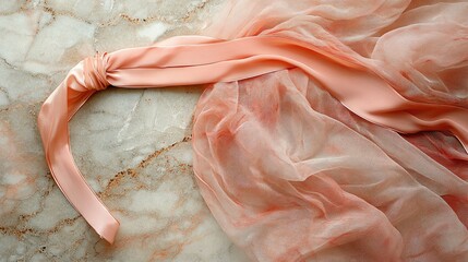 Obraz premium A thin satin belt tied around a soft chiffon dress laid out on a marble surface