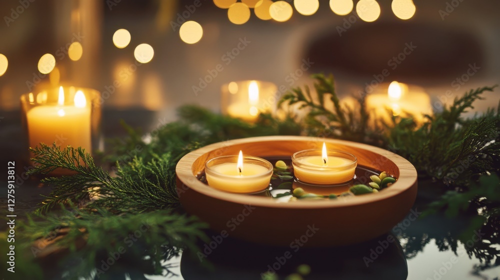 Poster serenity with floating candles and greenery in soft lighting