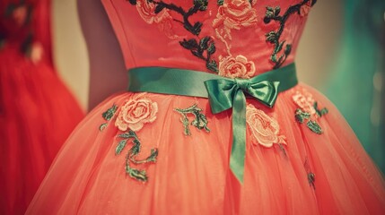 A vintage-inspired dress with a delicate thin belt tied into a small bow at the waist