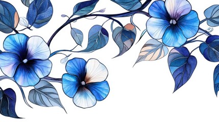 Stylized morning glory vines in stained glass watercolor, luminous blue flowers, intricate details, flowing vines, centered on a clean white background 