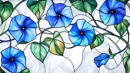 Stylized morning glory vines in stained glass watercolor, luminous blue flowers, intricate details, flowing vines, centered on a clean white background 