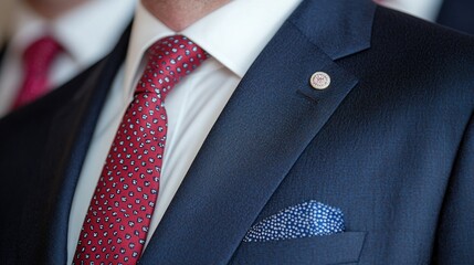 Businessman's suit, red tie, close-up, conference background