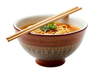 Ramen bowl with chopsticks, traditional Asian noodle soup with herbs and broth