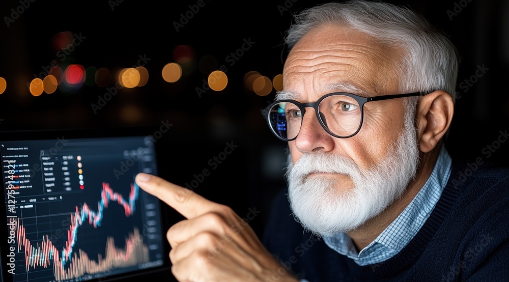 Poster senior man with glasses focuses intently on his computer screen displaying stock charts. dimly lit e