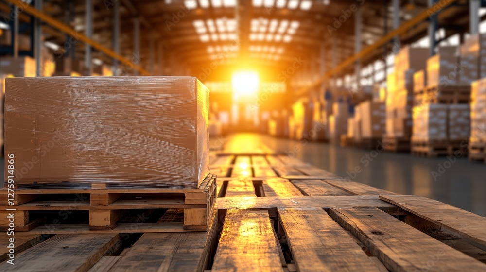 Poster golden sunlight streams through the warehouse windows, illuminating a wooden pallet holding a wrappe