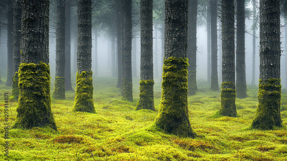 Poster fog envelops moss-covered tree trunks creating a mystical forest ambiance