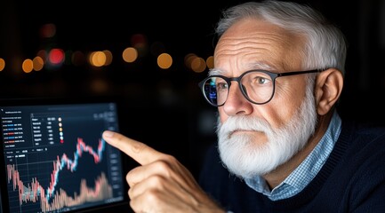 senior man with glasses focuses intently on his computer screen displaying stock charts. dimly lit environment creates a serious atmosphere for market analysis at night