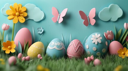 Easter holiday celebration banner with eggs paint, generated ai