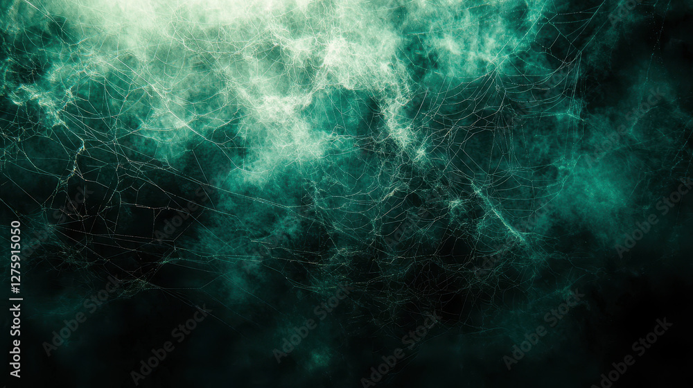 Poster fog gently weaves through intricate spider silk threads in a mystical forest setting
