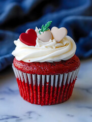 A tempting red velvet cupcake topped with white frosting and heart decorations set against a blurry dark blue backdrop.