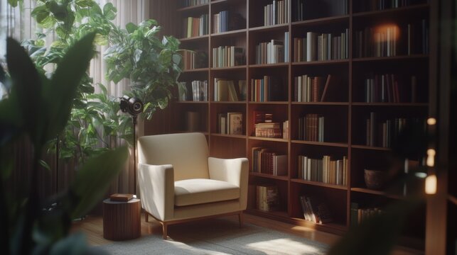 Video generation for a cozy reading nook in a quiet library. Featuring relaxation and knowledge