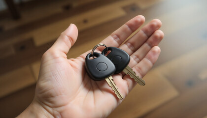 Close-up of a hand holding car keys, transportation and vehicle ownership