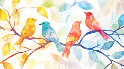 Whimsical birds perched on twisting branches, stained glass watercolor, radiant tones, soft pastel glow, centered on a crisp white background, 8K 