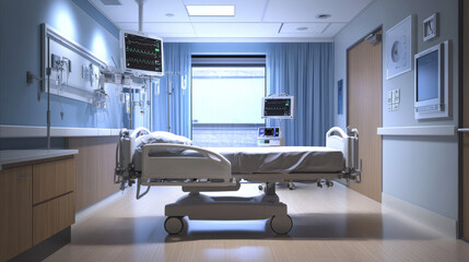 Hospital ward interior with adjustable bed, medical monitor and drop counter. Vector cartoon illustration of empty room in clinic for treatment sick patients