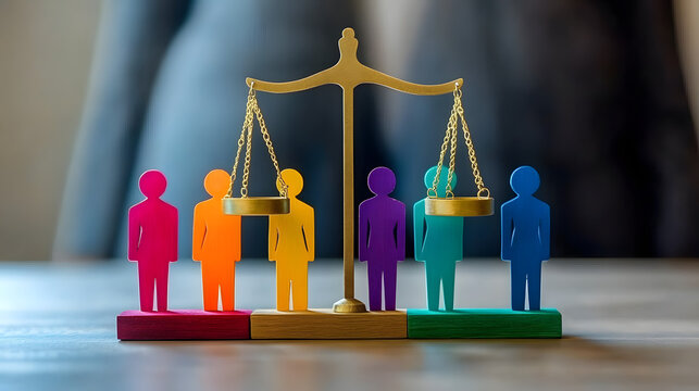 A scale balancing diverse human figures, representing equality and justice in policy decisions, vibrant colors symbolizing fairness, justice, equality, policy, concept of balance