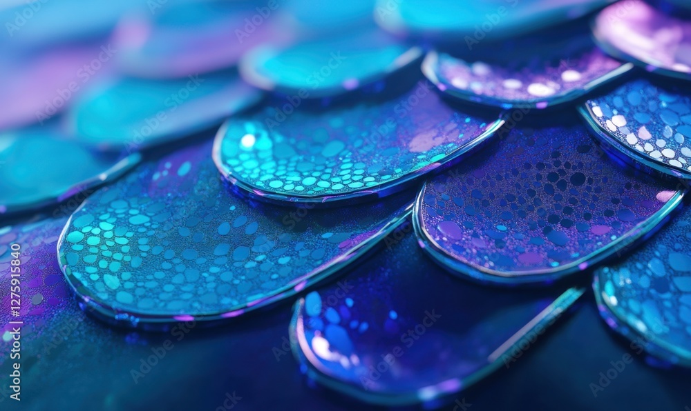 Poster close-up view of iridescent scales showcasing vibrant colors and intricate patterns, with a blurred 