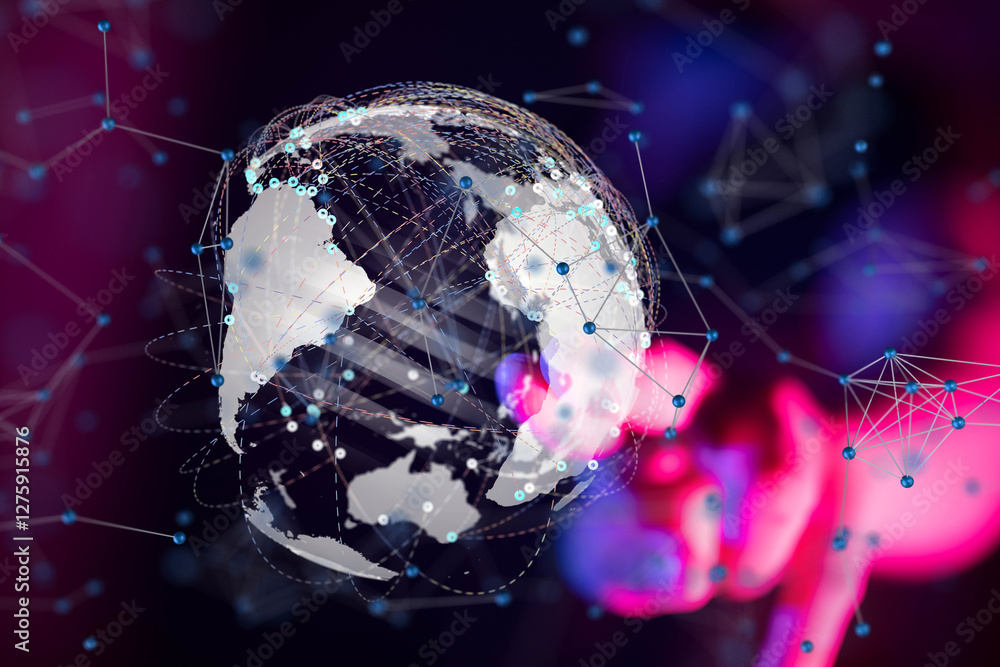Poster world Global network. Blockchain. 3D illustration. Neural networks and artificial intelligence. Abstract